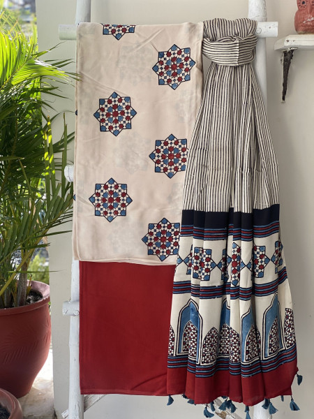 OFF WHITE-RED AJRAKH MODAL SILK DUPATTA SET