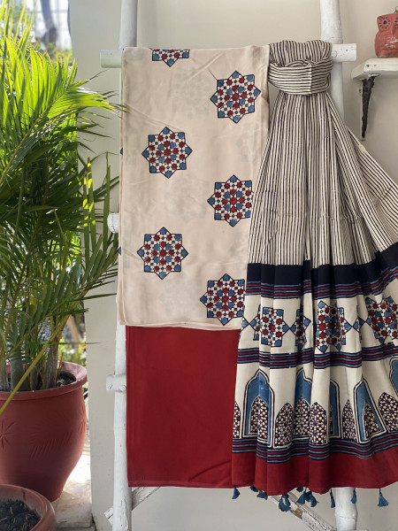 OFF WHITE-RED AJRAKH MODAL SILK DUPATTA SET