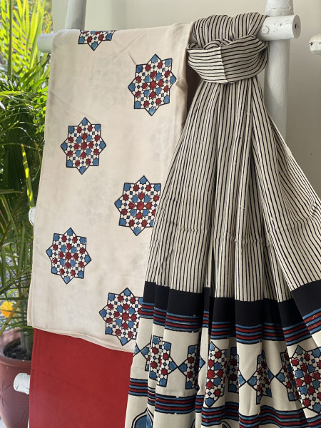 OFF WHITE-RED AJRAKH MODAL SILK DUPATTA SET