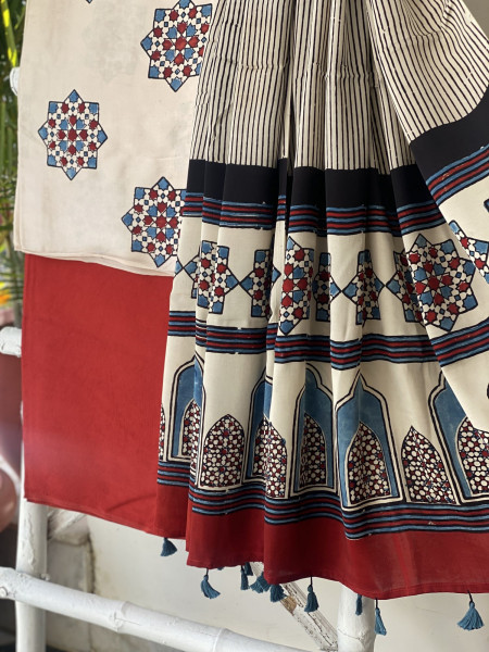 OFF WHITE-RED AJRAKH MODAL SILK DUPATTA SET