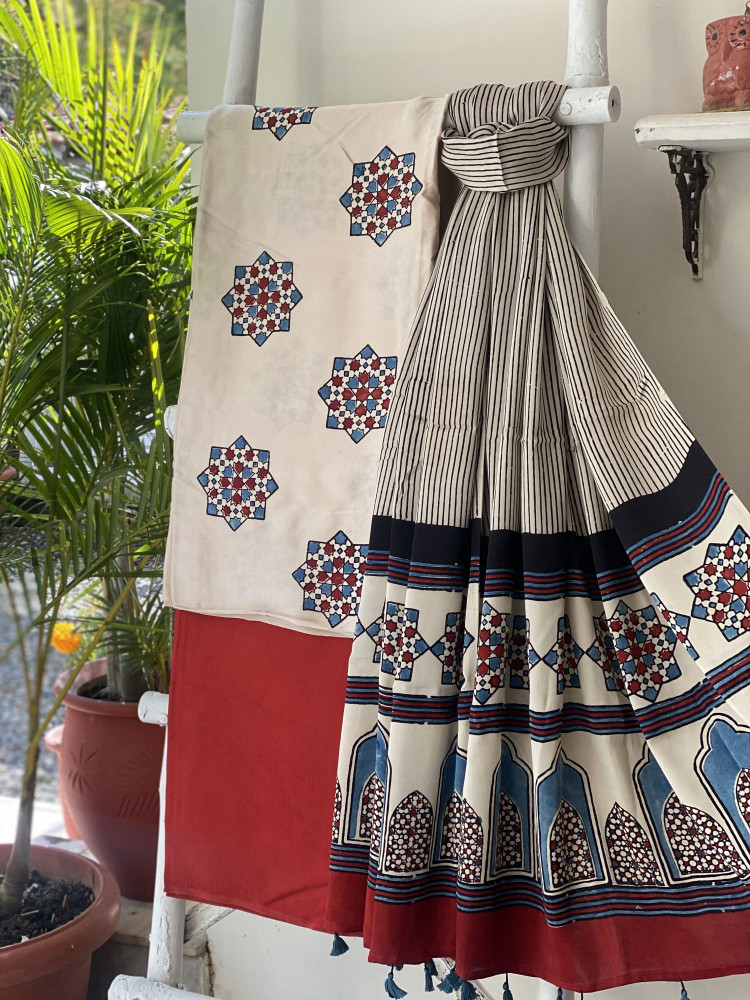 Image of OFF WHITE-RED AJRAKH MODAL SILK DUPATTA SET