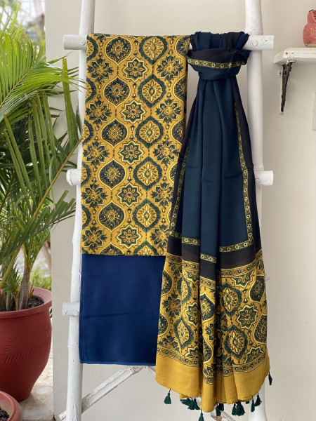 MUSTARD-BOTTLE GREEN AJRAKH MODAL SILK DUPATTA SET