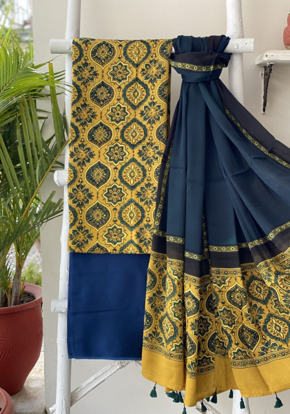 MUSTARD-BOTTLE GREEN AJRAKH MODAL SILK DUPATTA SET
