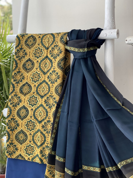 MUSTARD-BOTTLE GREEN AJRAKH MODAL SILK DUPATTA SET