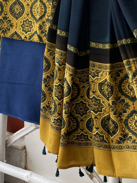 MUSTARD-BOTTLE GREEN AJRAKH MODAL SILK DUPATTA SET