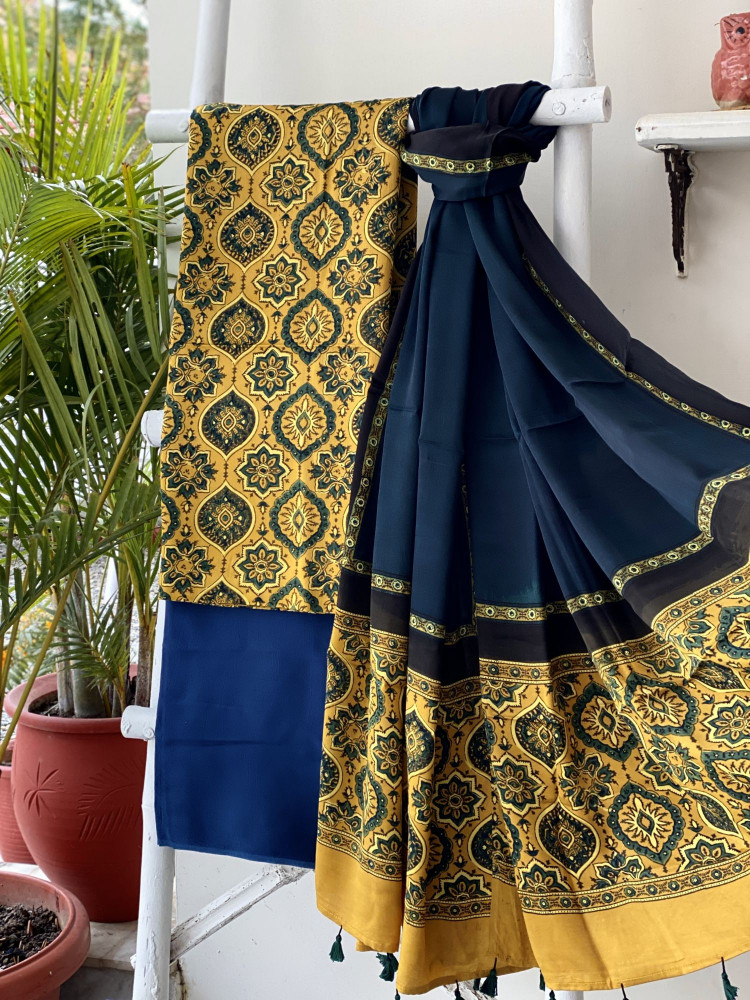 Image of MUSTARD-BOTTLE GREEN AJRAKH MODAL SILK DUPATTA SET