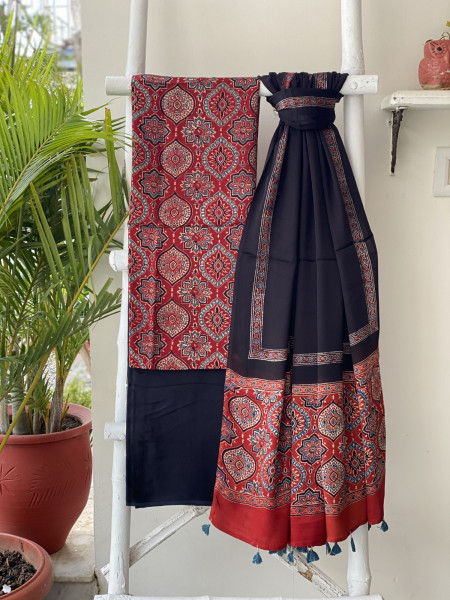MAROON-BLACK AJRAKH MODAL SILK DUPATTA SET