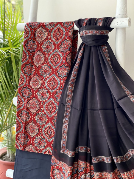 MAROON-BLACK AJRAKH MODAL SILK DUPATTA SET