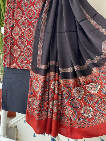 MAROON-BLACK AJRAKH MODAL SILK DUPATTA SET