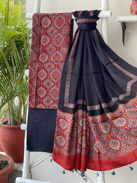 MAROON-BLACK AJRAKH MODAL SILK DUPATTA SET