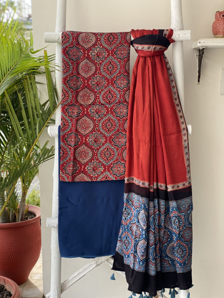 MAROON-INDIGO AJRAKH MODAL SILK DUPATTA SET