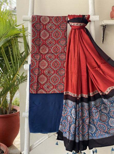 MAROON-INDIGO AJRAKH MODAL SILK DUPATTA SET