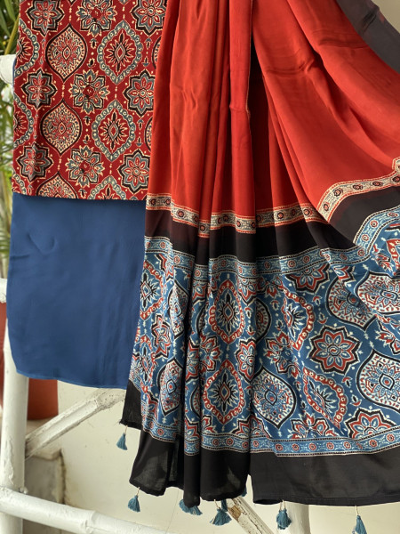 MAROON-INDIGO AJRAKH MODAL SILK DUPATTA SET