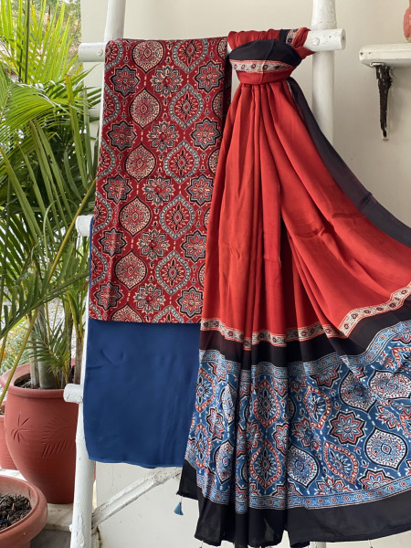 MAROON-INDIGO AJRAKH MODAL SILK DUPATTA SET