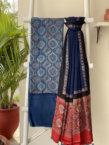 INDIGO AJRAKH MODAL SILK DUPATTA SET