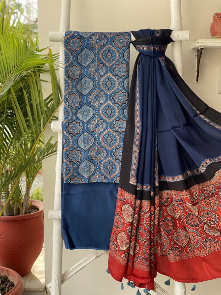 INDIGO AJRAKH MODAL SILK DUPATTA SET