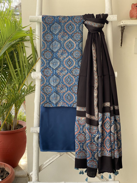 INDIGO-BLACK AJRAKH MODAL SILK DUPATTA SET
