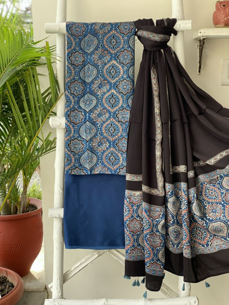INDIGO-BLACK AJRAKH MODAL SILK DUPATTA SET