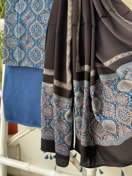 INDIGO-BLACK AJRAKH MODAL SILK DUPATTA SET