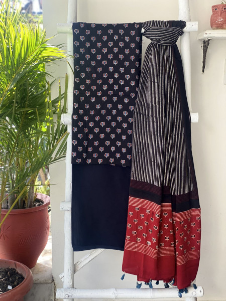 BLACK-RED AJRAKH MODAL SILK DUPATTA SET