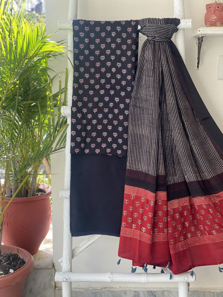 BLACK-RED AJRAKH MODAL SILK DUPATTA SET