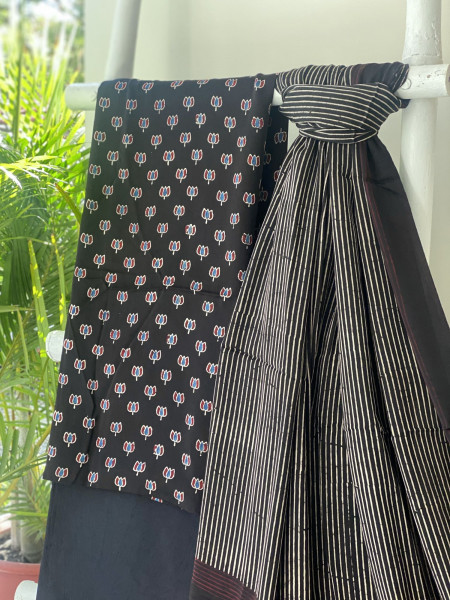 BLACK-RED AJRAKH MODAL SILK DUPATTA SET