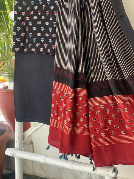 BLACK-RED AJRAKH MODAL SILK DUPATTA SET