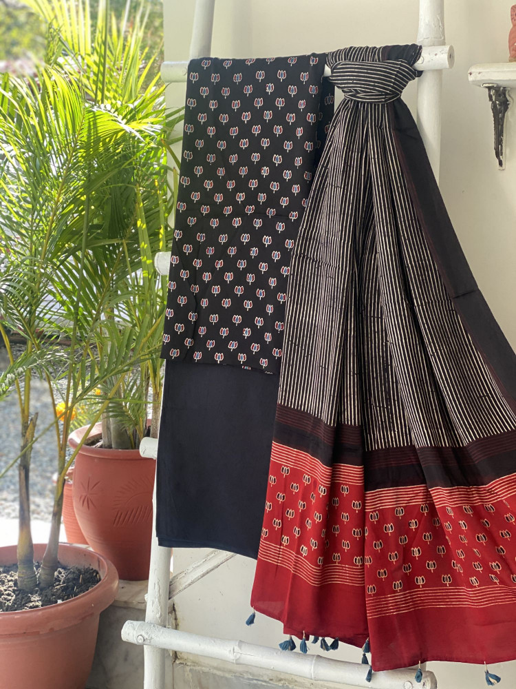 Image of BLACK-RED AJRAKH MODAL SILK DUPATTA SET