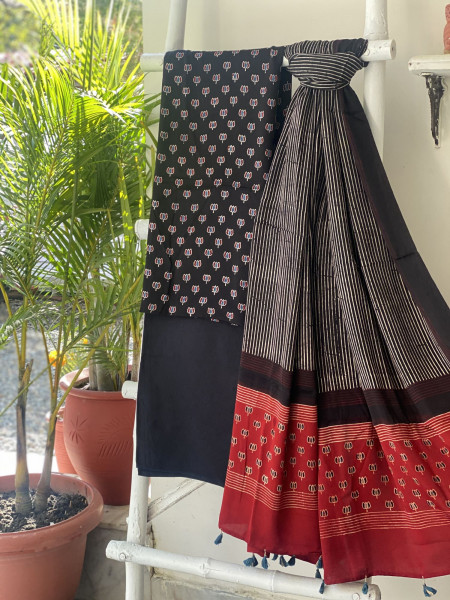BLACK-RED AJRAKH MODAL SILK DUPATTA SET