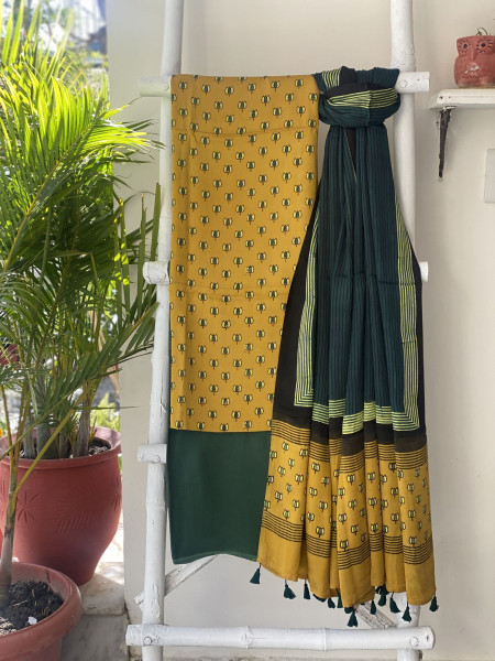 MUSTARD-GREEN AJRAKH MODAL SILK DUPATTA SET