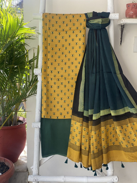 MUSTARD-GREEN AJRAKH MODAL SILK DUPATTA SET