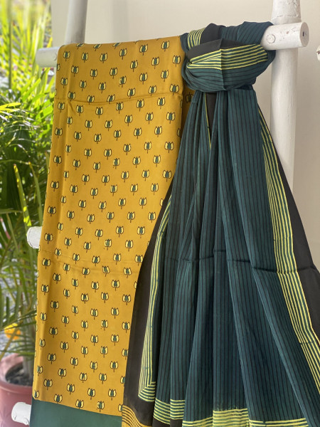 MUSTARD-GREEN AJRAKH MODAL SILK DUPATTA SET