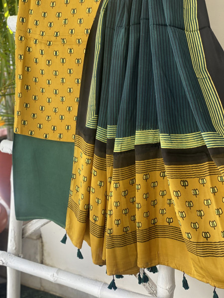 MUSTARD-GREEN AJRAKH MODAL SILK DUPATTA SET