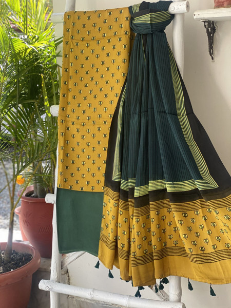 MUSTARD-GREEN AJRAKH MODAL SILK DUPATTA SET