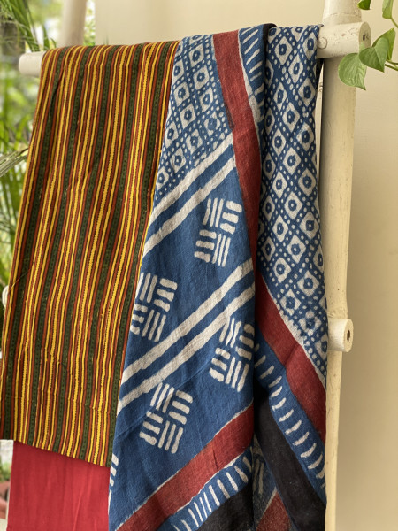 MULTI COLOUR & INDIGO BLOCK PRINT LINEN DUPATTA SUIT SET