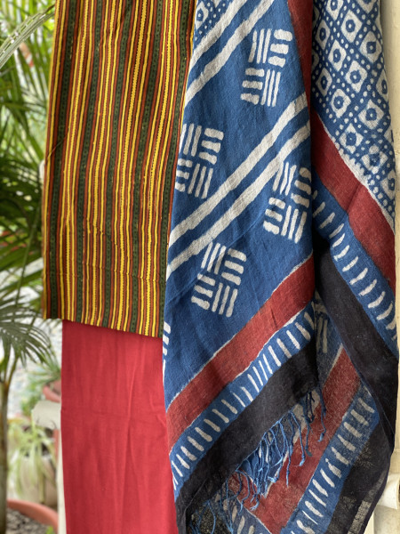 MULTI COLOUR & INDIGO BLOCK PRINT LINEN DUPATTA SUIT SET
