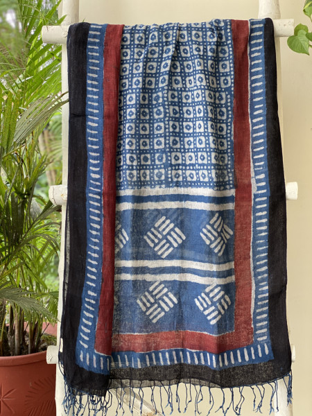 MULTI COLOUR & INDIGO BLOCK PRINT LINEN DUPATTA SUIT SET