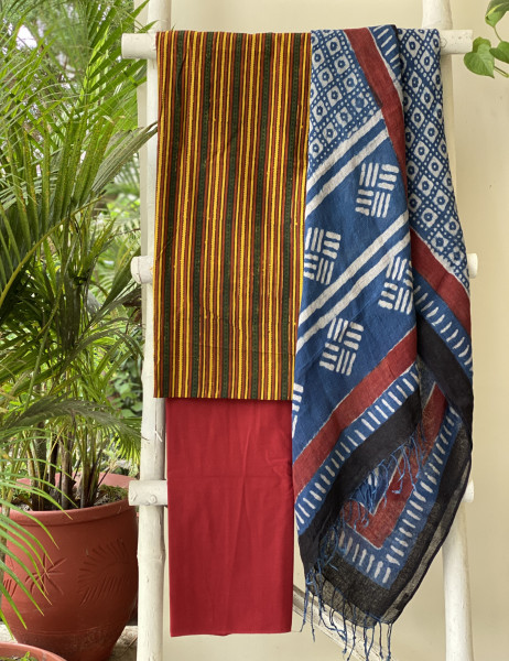 MULTI COLOUR & INDIGO BLOCK PRINT LINEN DUPATTA SUIT SET