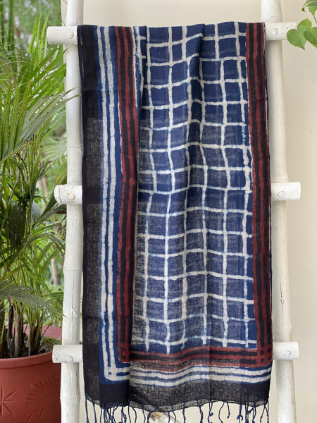 RED & INDIGO BLOCK PRINT LINEN DUPATTA SUIT SET