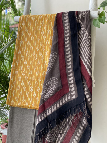MUSTARD & GREY BLOCK PRINT LINEN DUPATTA SUIT SET