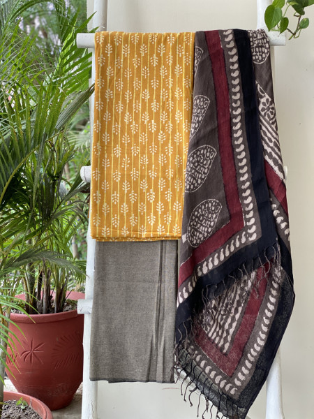 MUSTARD & GREY BLOCK PRINT LINEN DUPATTA SUIT SET