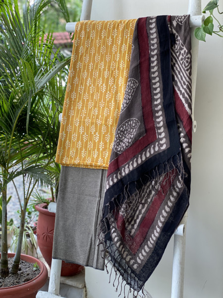 MUSTARD & GREY BLOCK PRINT LINEN DUPATTA SUIT SET