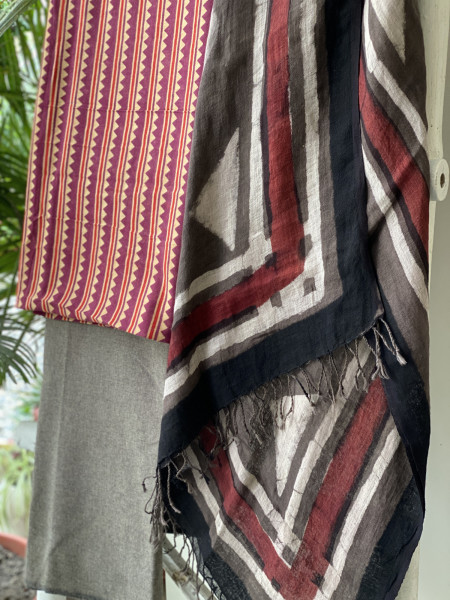 RUBY & GREY BLOCK PRINT LINEN DUPATTA SUIT SET