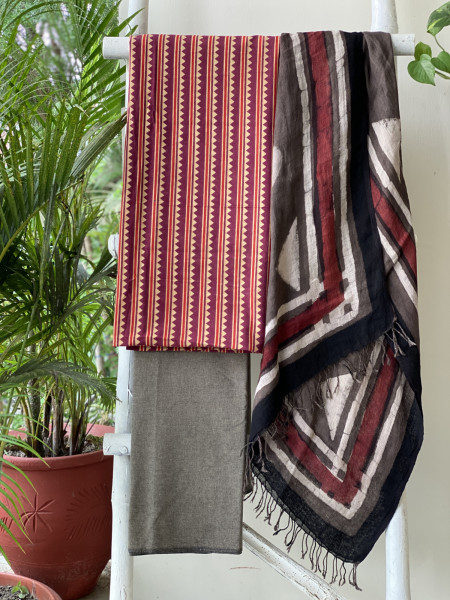 RUBY & GREY BLOCK PRINT LINEN DUPATTA SUIT SET