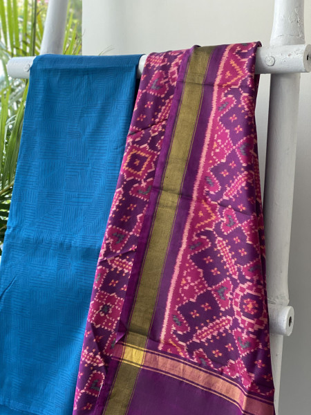 INDIGO-WINE POCHAMPALLI IKKAT PURE SILK dupatta Set