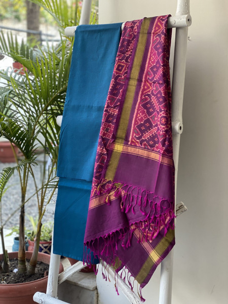 INDIGO-WINE POCHAMPALLI IKKAT PURE SILK dupatta Set