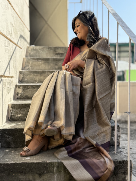 GREY HAND WOVEN TUSSAR SILK SARI