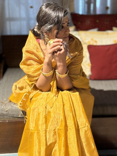 'SWARNA' YELLOW ZARI WOVEN MAHESHWARI SILK  SARI