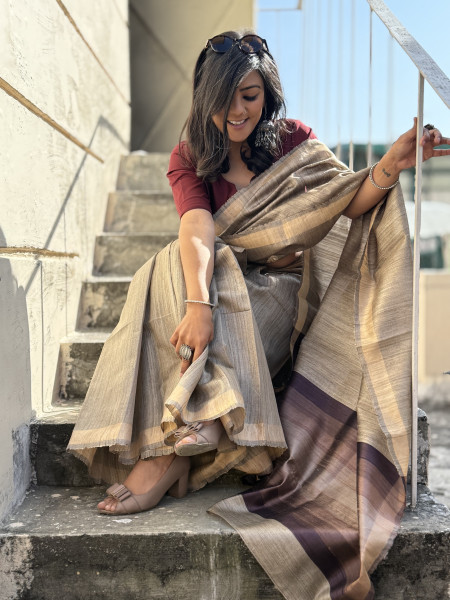 GREY HAND WOVEN TUSSAR SILK SARI
