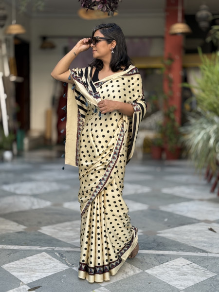 IVORY-BLACK MODAL SILK AJRAKH BLOCK PRINT SARI